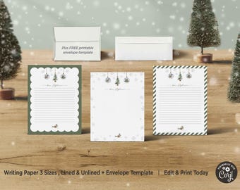 May include: Printable Christmas writing paper with three different sizes, lined and unlined, and a free envelope template. The paper features a design of ornaments with small pine trees inside.