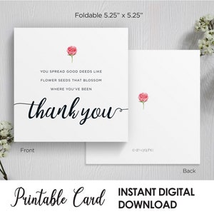 Tarjeta de agradecimiento imprimible, tarjeta con la frase "Difundes buenas acciones como semillas de flores", tarjeta de amigo, tarjeta de voluntario, tarjeta de agradecimiento cuadrada, descarga digital