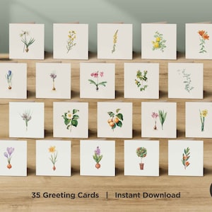 Juego de 35 tarjetas de felicitación botánicas, tarjetas de notas con flores para imprimir, tarjetas de notas con flores silvestres botánicas vintage en acuarela, descarga instantánea
