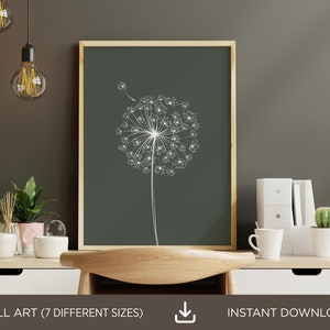 Green Dandelion Printable Wall Decor, Green Wall Art, Green And White Art, Dandelion Green Wall Art, Green Home Decor Digital Download