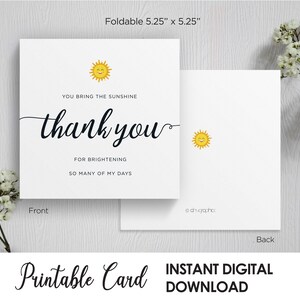 Tarjeta de agradecimiento imprimible, tarjeta de agradecimiento You Bring The Sunshine, tarjeta para el mejor amigo, tarjeta para voluntarios, tarjeta de agradecimiento cuadrada, descarga digital