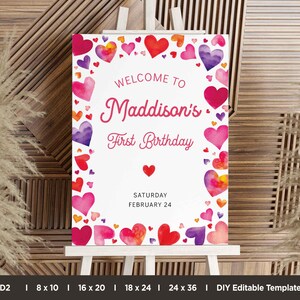 Sweetheart 1st Birthday Welcome Sign, Little Valentine First Birthday Welcome Board, Editable 1st Birthday Party Decorations, Edit with Corj