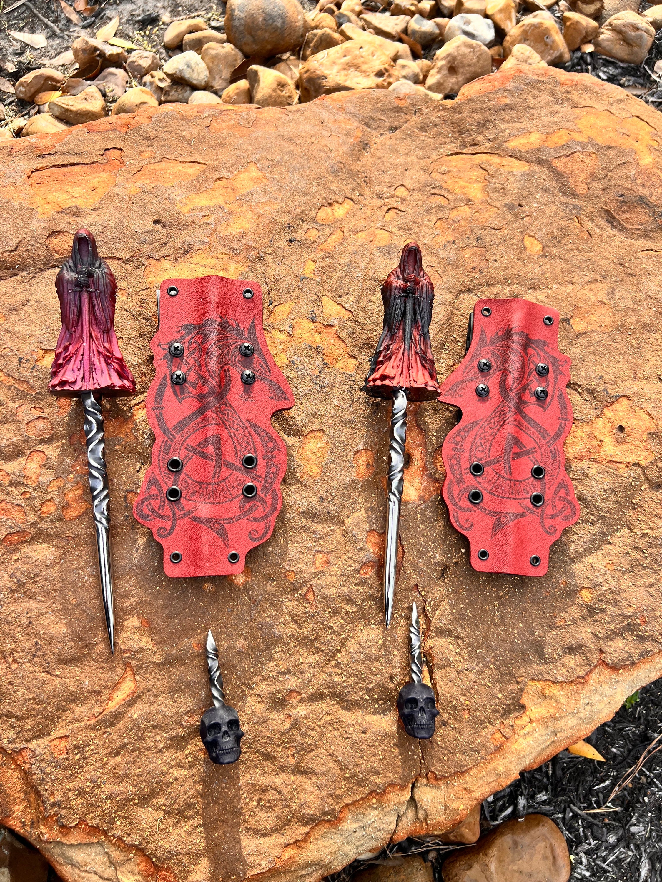 The dead swordsman Collectable Spike, Hand Made, stainless steel Marlin spike tool, hand casted handle and custom sheath with hidden spike