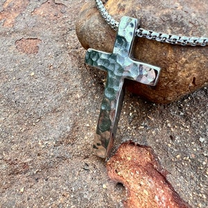 The "316" Thick, Hand Forged, Hammered Stainless Steel Cross Necklace,  Protective Amulet, Hammered Pendant, Blacksmith made, Cross Pendant