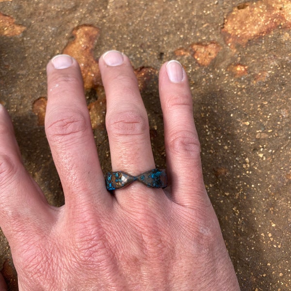 The “Viking Compass” custom copper ring with “Shipwreck” style blue patina