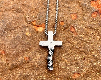 The "Redeemer" Hand Forged, Thick, Hammered, Twisted Stainless Steel Cross Necklace,  Protective Amulet, hand made Pendant, Cross Pendant