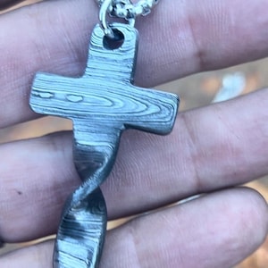 The “Tubal-Cain&quot;, Hand Forged, Hammered Damascus Steel Cross Necklace,  Protective Amulet, Blacksmith made, Cross Pendant