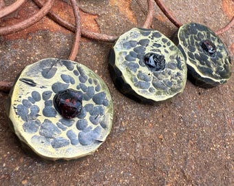 Hand Forged Brass Garnet Amulet, Norse Mythology Necklace