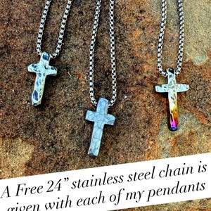 Hand Forged Stainless Steel Cross Necklace: “316 Mini” Hammered Amulet Pendant