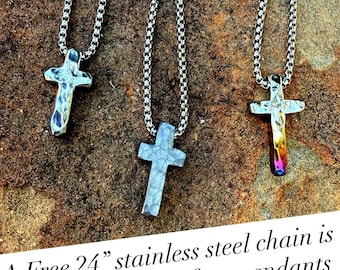 Hand Forged Stainless Steel Cross Necklace: “316 Mini” Hammered Amulet Pendant
