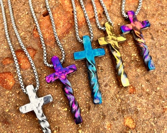 Hand Forged Titanium Cross Necklace: Hammered Twisted Amulet