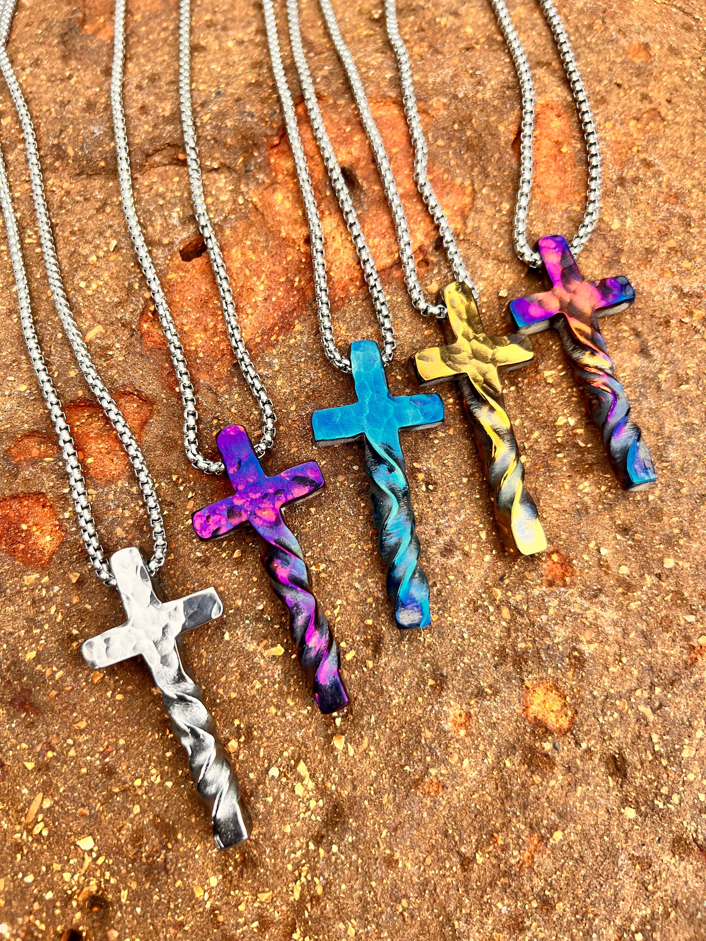 The "Savior" Hand Forged, Thick, Hammered, Twisted Pure Titanium Cross Necklace,  Protective Amulet, hand made Pendant, Cross Pendant