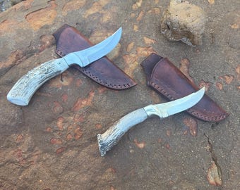 The Skinner Twins, handmade skinning knife with Antler handles and leather sheath