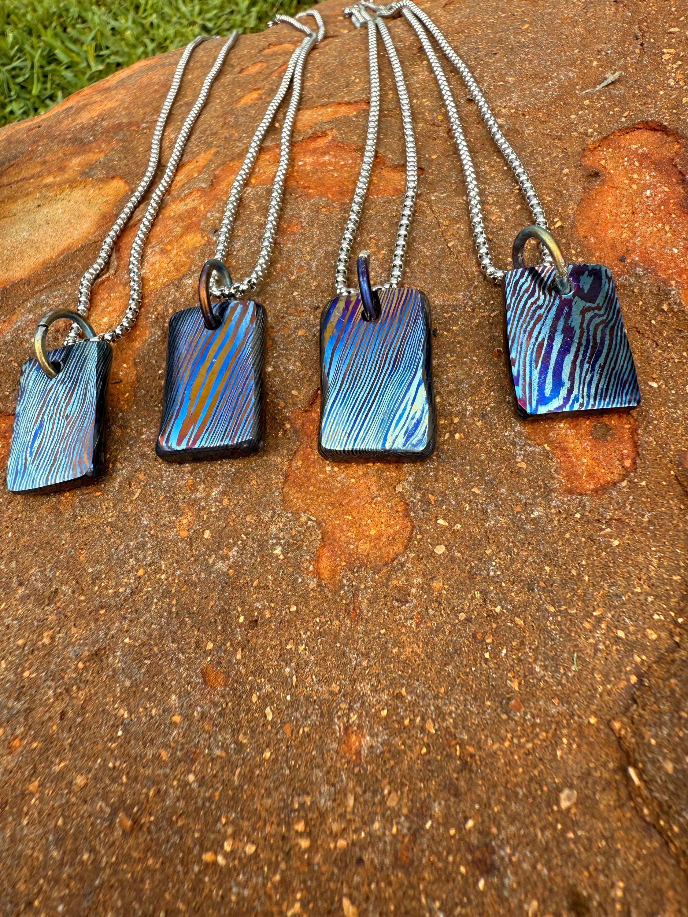 The “Titan Tag Pendant” – Wearable Timascus Art. Protective Viking Titanium Damascus Pendant