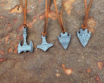 Hand-Forged Damascus Steel Pendants – Viking & Arrowhead Designs