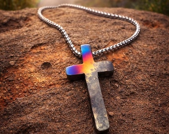 The Promise Keeper. Cross of Endurance, Covenant, and Hope. Hand Forged, Hammered Stainless Steel Cross Necklace, Blacksmith made