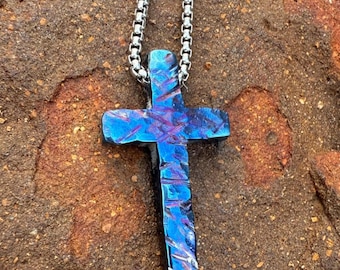 The “Column” Handmade Titanium Cross Necklace: Flame Anodized Pendant, Stainless Steel Chain