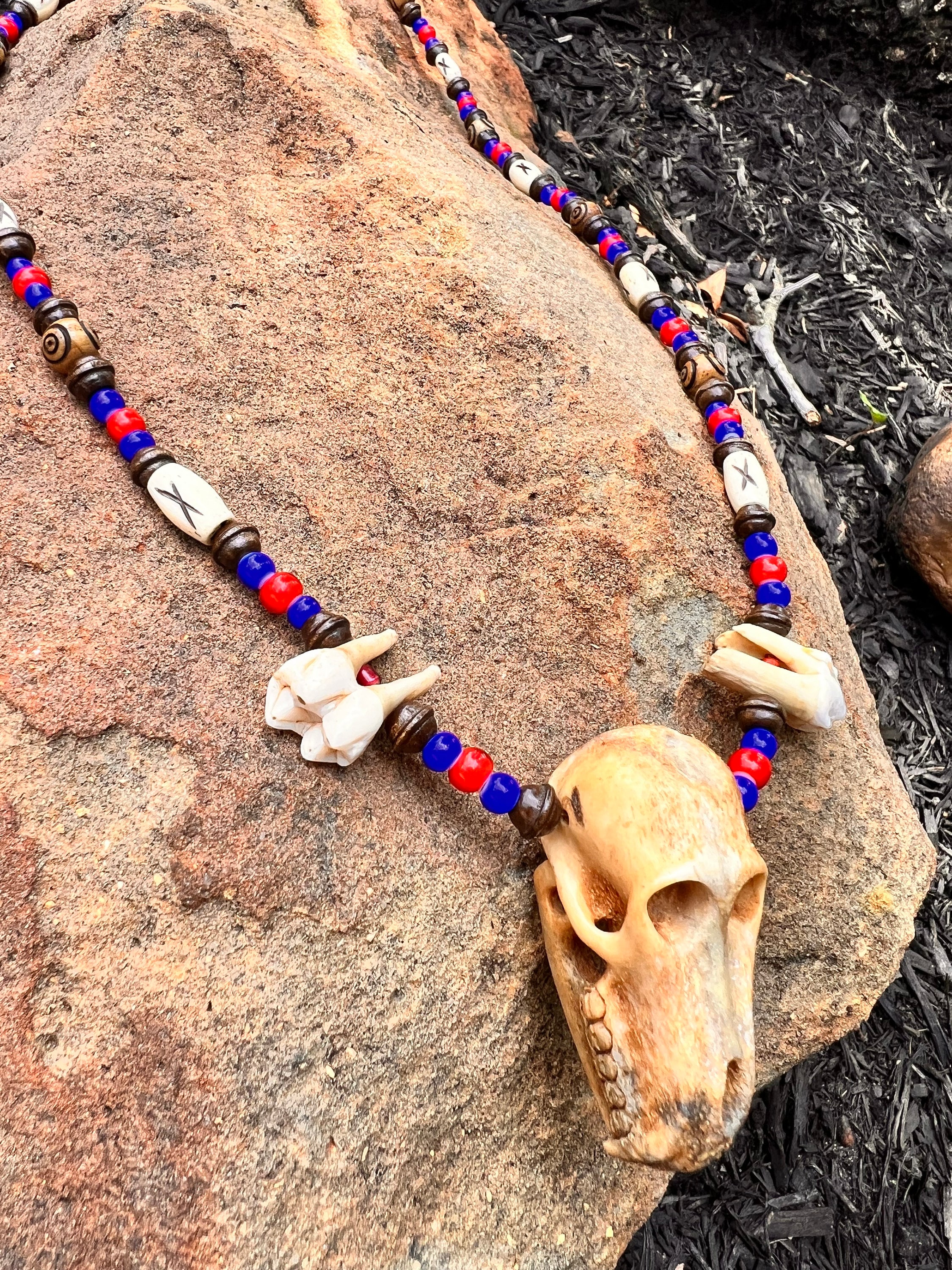 Handmade Bone Skull Necklace: Mandrill Molars, Glass & Wood Beads