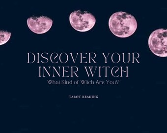 May include: A dark blue background with five pink moons in a row. The text "DISCOVER YOUR INNER WITCH" is in white, with the text "What Kind of Witch Are You?" in smaller white text below. The text "TAROT READING" is in white at the bottom of the image.