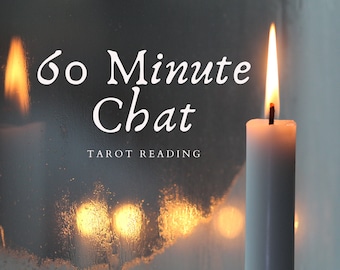 May include: A white candle with a flame burning, in front of a blurry background of a window with water droplets. The text "60 Minute Chat Tarot Reading" is written in white on the window.