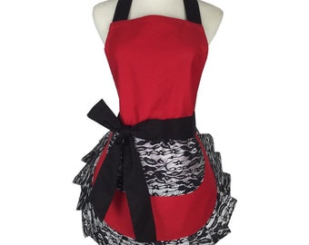 Black Lace Flirty Apron with Pocket, Fun Retro Cooking Aprons for Women Girls