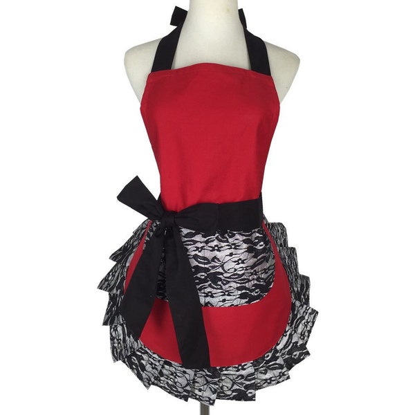 Black Lace Flirty Apron with Pocket, Fun Retro Cooking Aprons for Women Girls