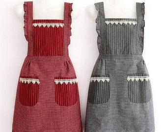 Fashion Cotton Two-Layers Aprons for Women Vintage Cooking Retro Apron/2 Pockets