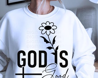 God Is Good Christian T-Shirt Graphic: Cross & Flowers (SVG, PNG)
