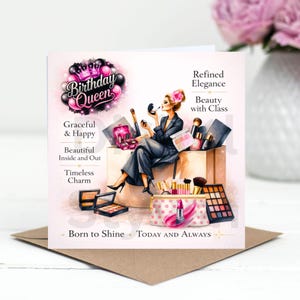 Glam Birthday Queen Card: Makeup Lover, Elegant Woman (Digital Card)