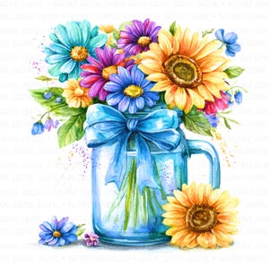 Buquê de flores silvestres em aquarela em pote de vidro, girassol rústico (download digital em JPG) para uso comercial.