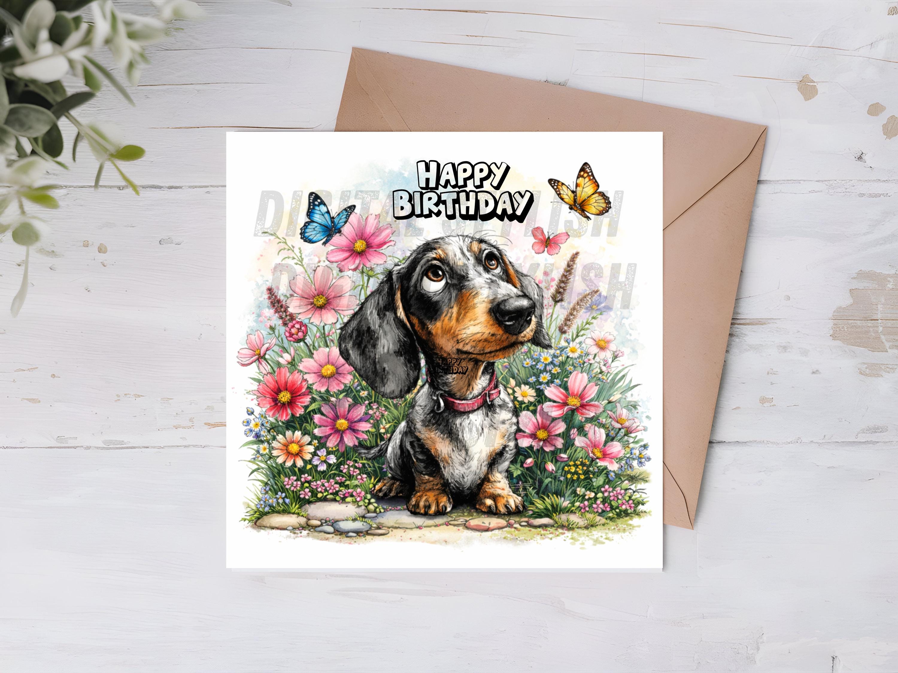Dachshund Birthday Card Digital Download, Sausage Dog Nature Watercolor ...