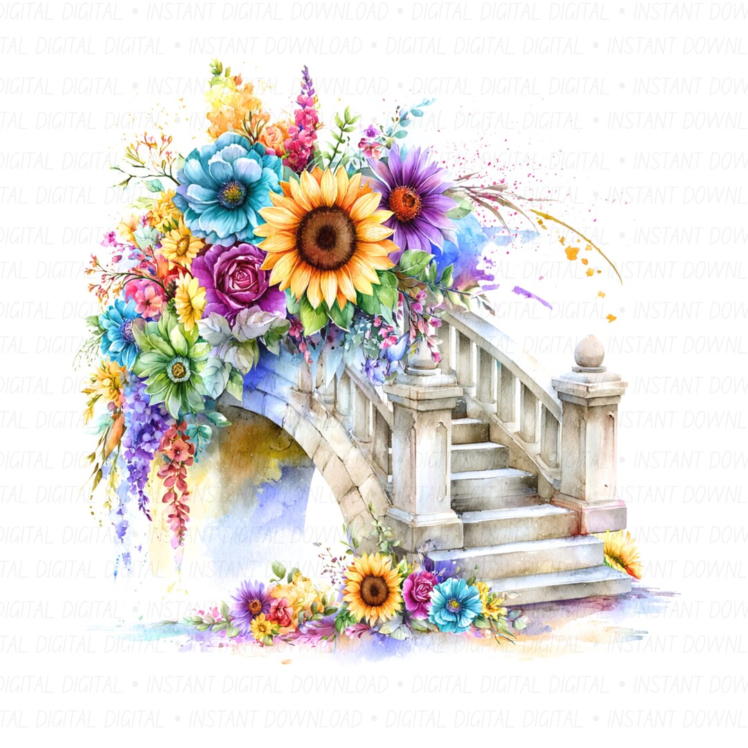 Watercolor Floral Bridge Clipart, Vintage Garden Bridge With Flowers ...