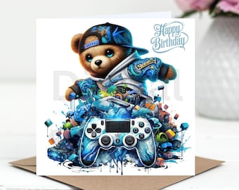 Gamer Birthday Card for Boys (Digital Download) Bear Happy Birthday Cards,