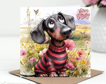 Dog Lovers Birthday Cards, Digital Download, Happy Birthday, Puppy Floral, 13x13 cm
