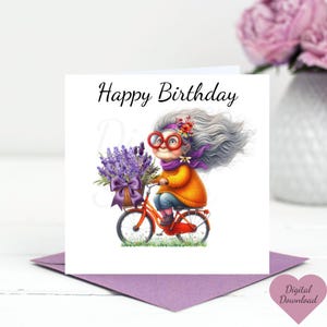 Cartes d'anniversaire grand-mère, vélo avec fleurs de lavande, téléchargement numérique, cartes femme originales, maman à vélo, tante, amitié, soeur