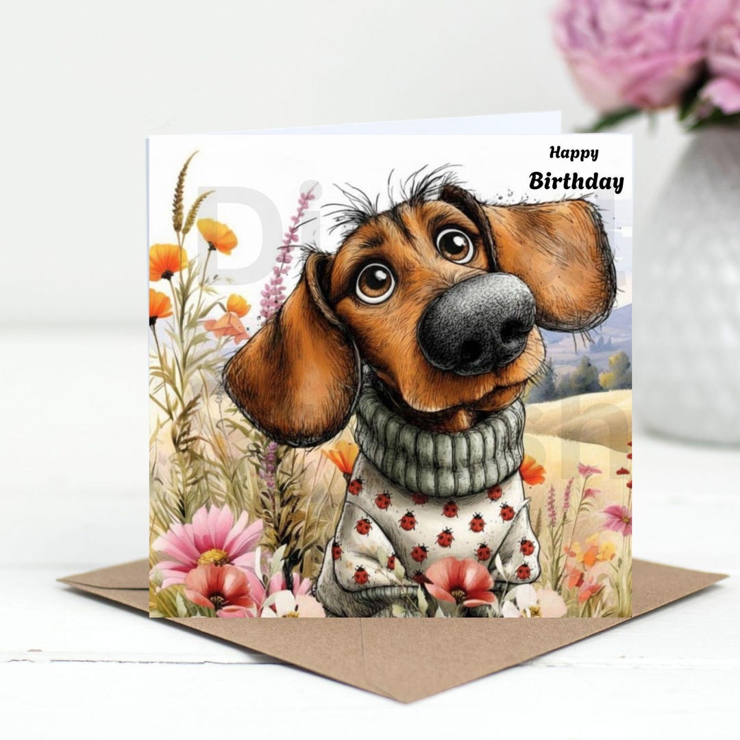 Dog Floral Birthday Card Digital Download Printable Square Card ...
