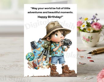 Tarjeta de cumpleaños de aventura: Niño de acuarela, cámara, mapa y globo terráqueo (descarga digital)
