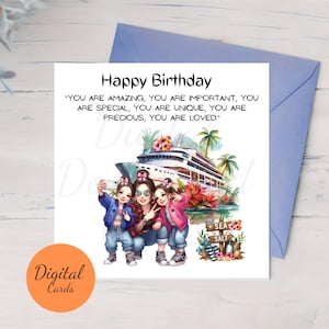 Biglietti di auguri di buon compleanno, Donna selfie, Amante della barca, Capo ricco, Donna in viaggio, Compleanno di gemelli, Biglietti digitali, Regalo per amanti dell'isola, Biglietto barca