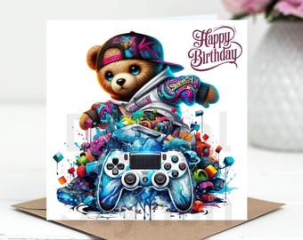Gamer Birthday Card for Boys (Digital Download) Bear Happy Birthday Cards,