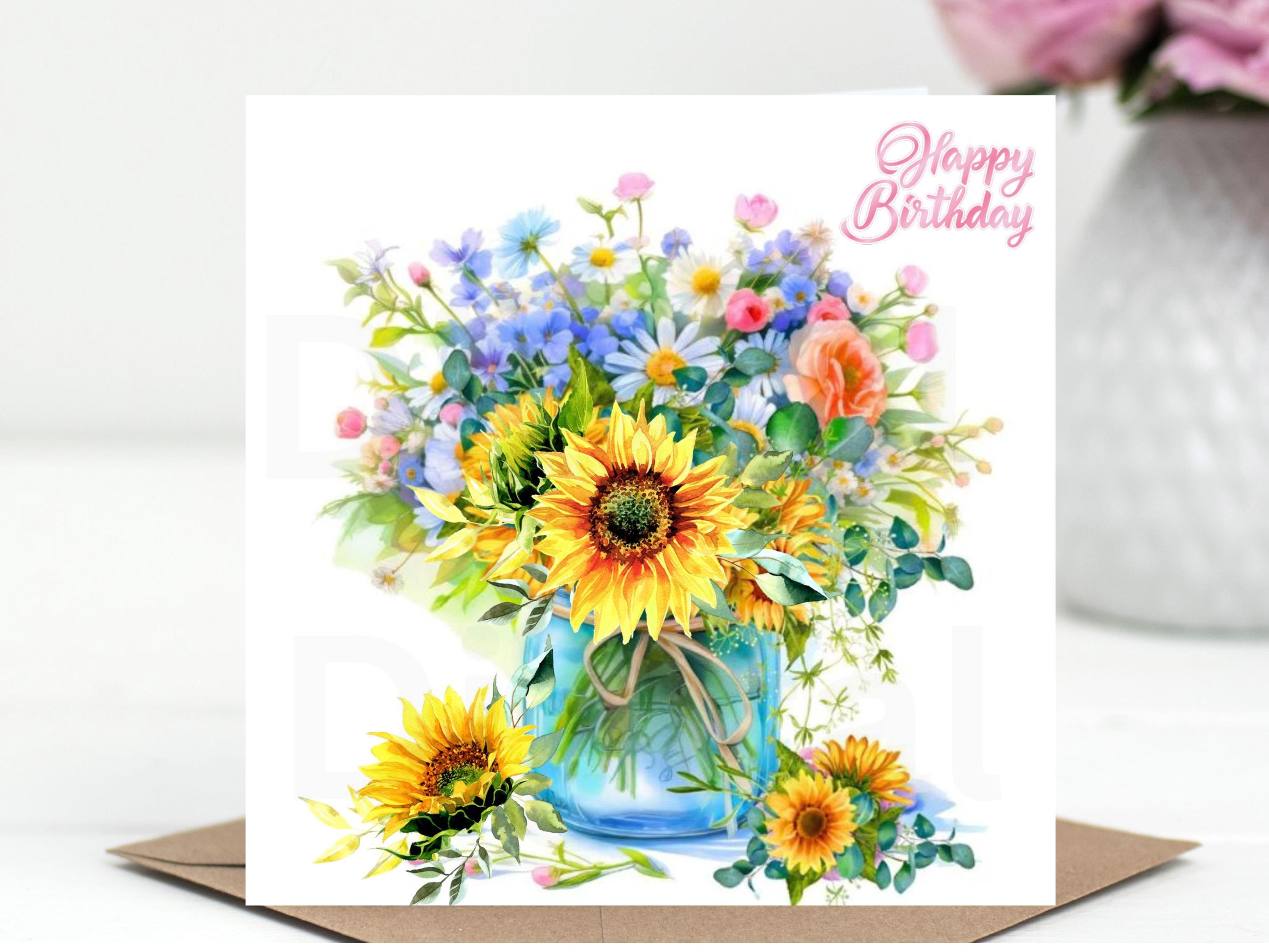 Afie 15-6459 ARGUS Biglietto Felice Compleanno con Busta - Bouquet di fiori BRILLANTI IN RELIEF Rami Foglie Illustrazione Colorata Campestre Verde Acqua Blu Rosa Viola per Ragazza Donna