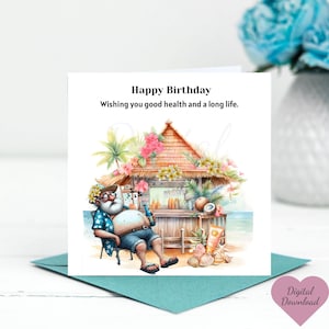 Alles Gute zum Geburtstag Karten,Digitaler Download,Männer Geburtstag 90.,Vater Geburtstag,Beach Opa,Schlafen am Strand,Niesen,Bär Trinker