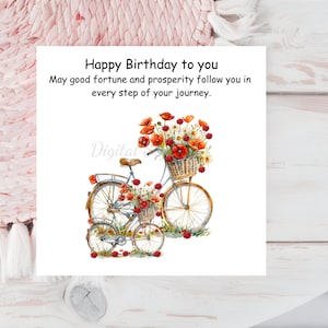 Biglietti di auguri di buon compleanno, biglietti floreali per bici, biglietti di auguri di compleanno con papaveri, biglietti d'auguri, stampabili digitali, fiori botanici, biglietti di amicizia, amanti della bici