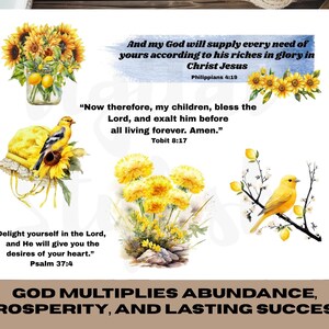 May include: A digital art print with watercolour illustrations of sunflowers, a yellow bird, and inspirational Bible verses. The text includes "And my God will supply every need of yours..." and "God multiplies abundance, prosperity, and lasting success."