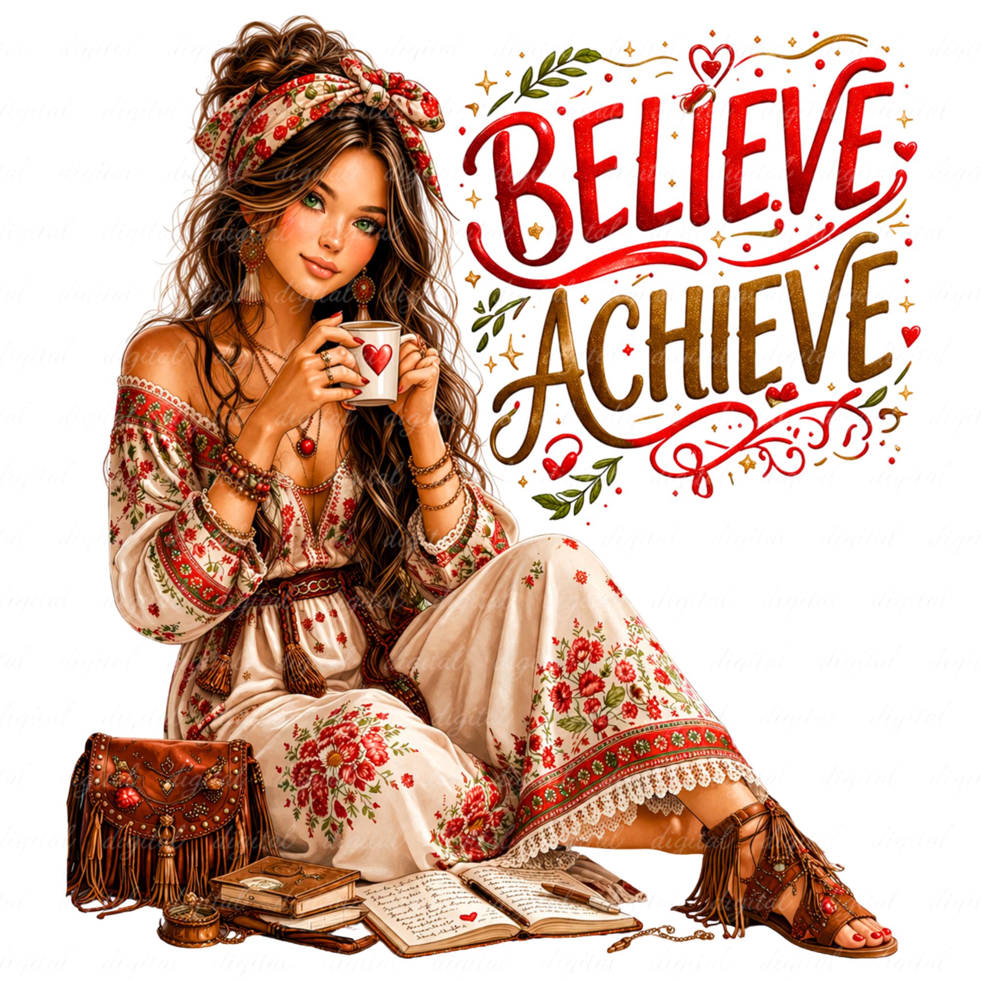 Boho Girl Believe Achieve PNG, Motivational Quote, Sublimation Design ...