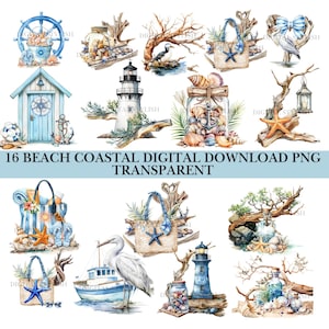 16 Coastal Beach, Digital Download,Transparent Png,Clipart, Beach Bird,Starfish,Beach House Clip Art, Seaside,Shell Boat,Nautical Collection