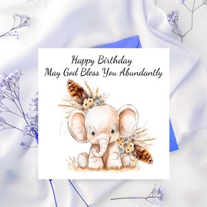 Biglietti di auguri di buon compleanno con elefanti, messaggio, che Dio ti benedica, stampabile con animali, stampe di elefanti della giungla, per nipote, cugino, fratello