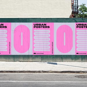 May include: Three pink posters with the text "Urban Posters" in black letters on a green wall. The posters have a white, wavy design and the text "High Quality Mockup" in black letters.