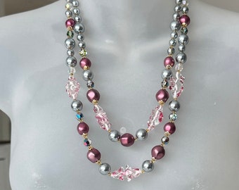 Collier vintage à double rang du milieu du siècle, mélange de perles et de verre, années 1950-1960
