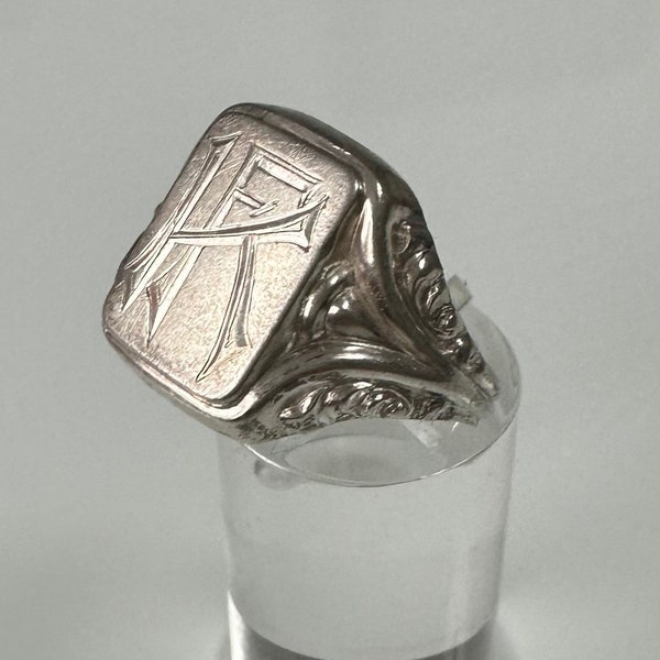 Large Art Nouveau 835 silver ring signet ring Monogram FK antique silver jewelry for men