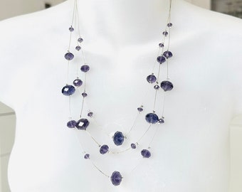 Vintage glass necklace - multi-strand waterfall design with purple faceted glass stones in amethyst design